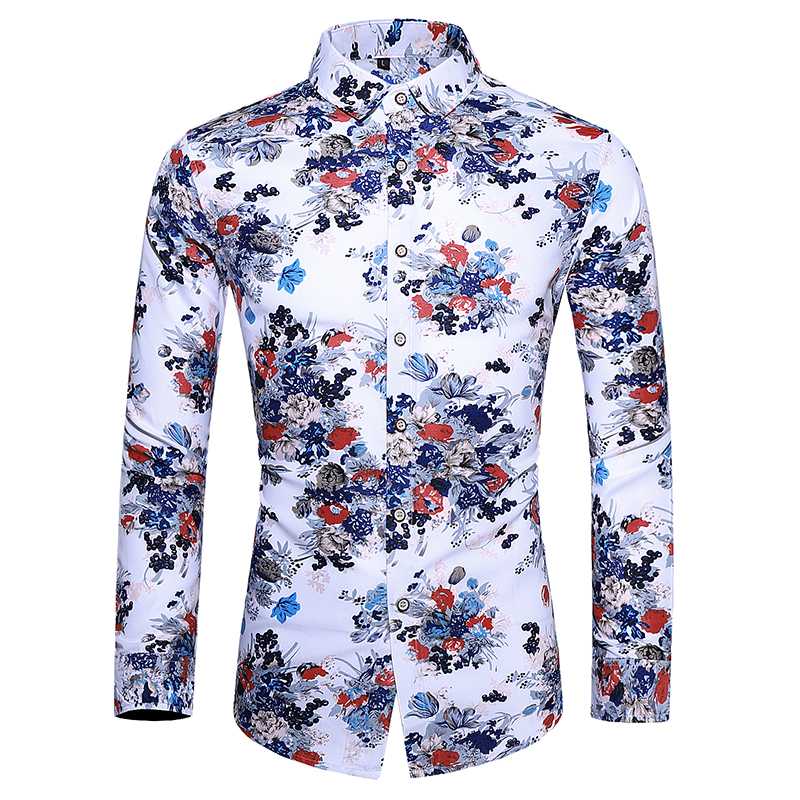 

Autumn 2020 Men Dress Shirts Fashion Floral Print Beach Hawaiian Shirts Slim Fit Long Sleeve Mens Casual camisa masculina, White