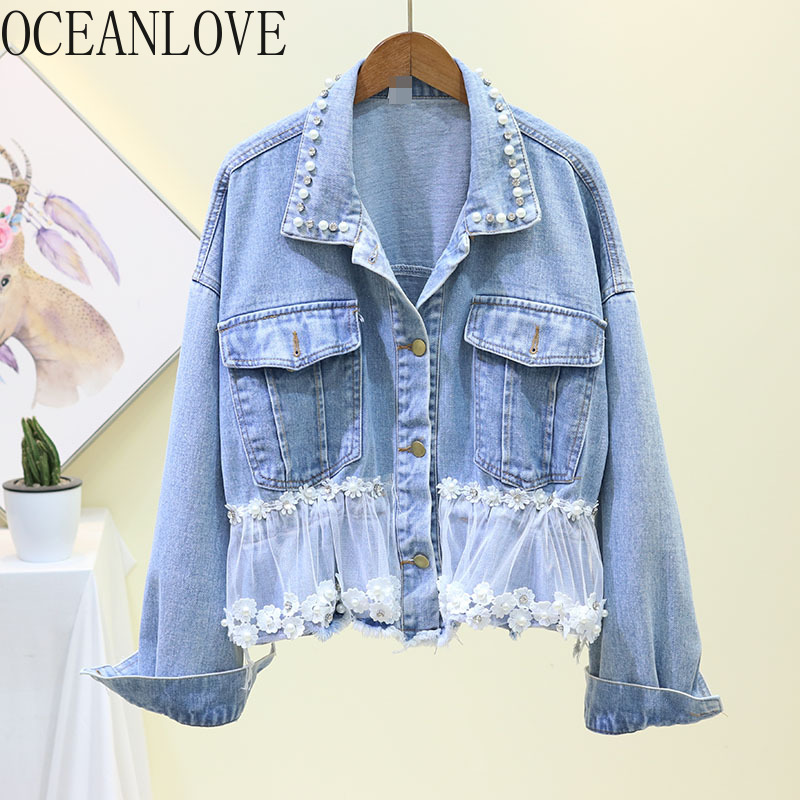 

OCEANLOVE Short Women Jacket Denim Solid Lace Patchwork Beading Korean Outwear 2019 Autumn Slim Pockets Chaqueta Mujer 12667, Blue