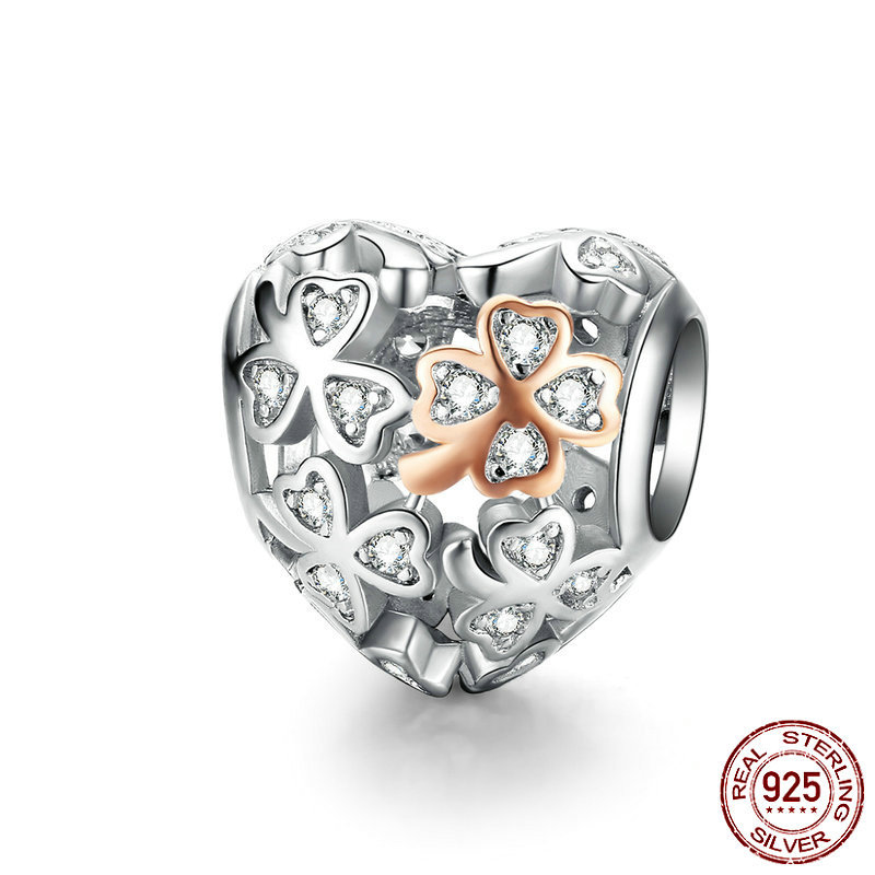 

Solid 925 Sterling Silver Cz Clover Rose Gold Heart Charms Fit Original Bracelet Pendant Necklace DIY Fashion Making Accessories, Bronze;silver