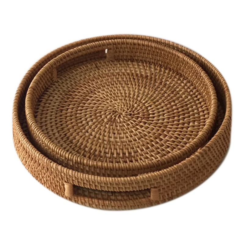 

Rattan Hand Woven Round High Wall Severing Tray Storage Platters Plate Over Handles for Breakfast Drinks Snack