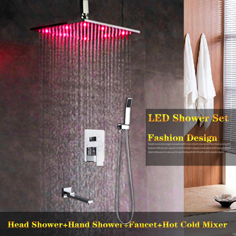 

Freeshipping Bathroom Brass Shower Panel Hot And Cold Mixer Tap Set Mixing Shower Valve LED Ceiling Rain Shower Head Set 3 Functions