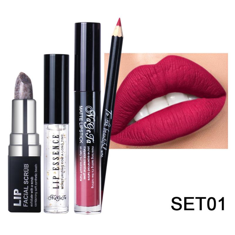 

Sexy Matte Lipstick Lipgloss Lip Liner Kit Velvety Essence Lip Facial Scrub Long Lasting Waterproof Liquid Lipstick Set