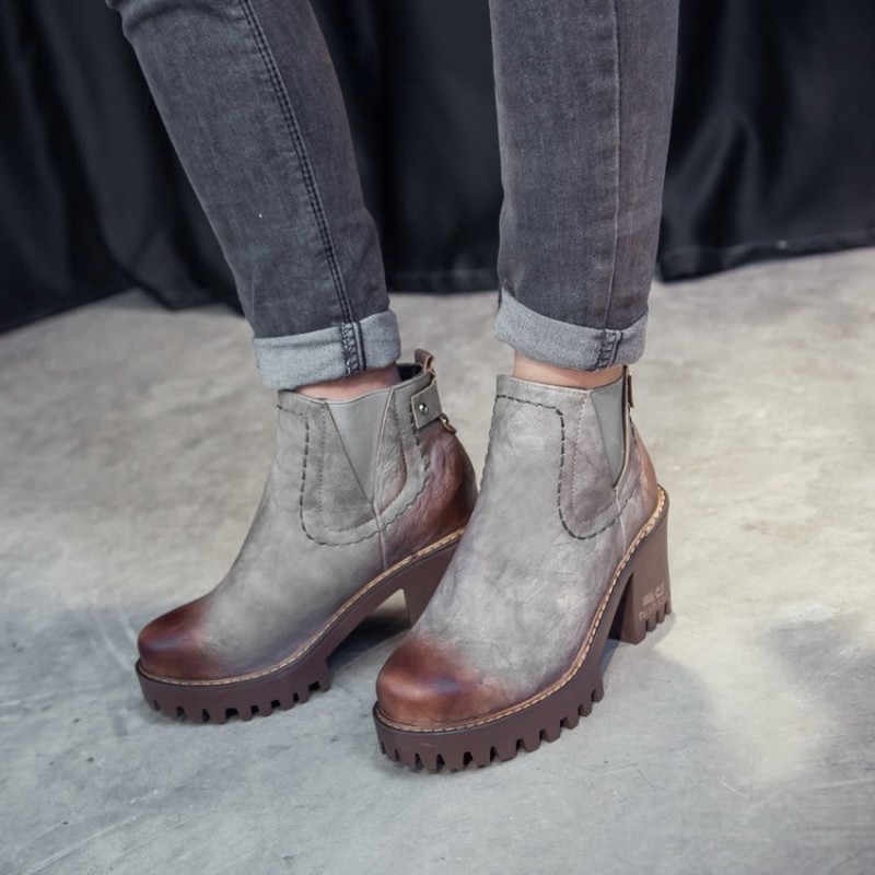 

US4-11 Womens Round Toe Platform Ankle Boots Block Chunky Heel Oxfords Pull On Punk Motorcycle Shoes Plus Size 4Colors, Dark grey