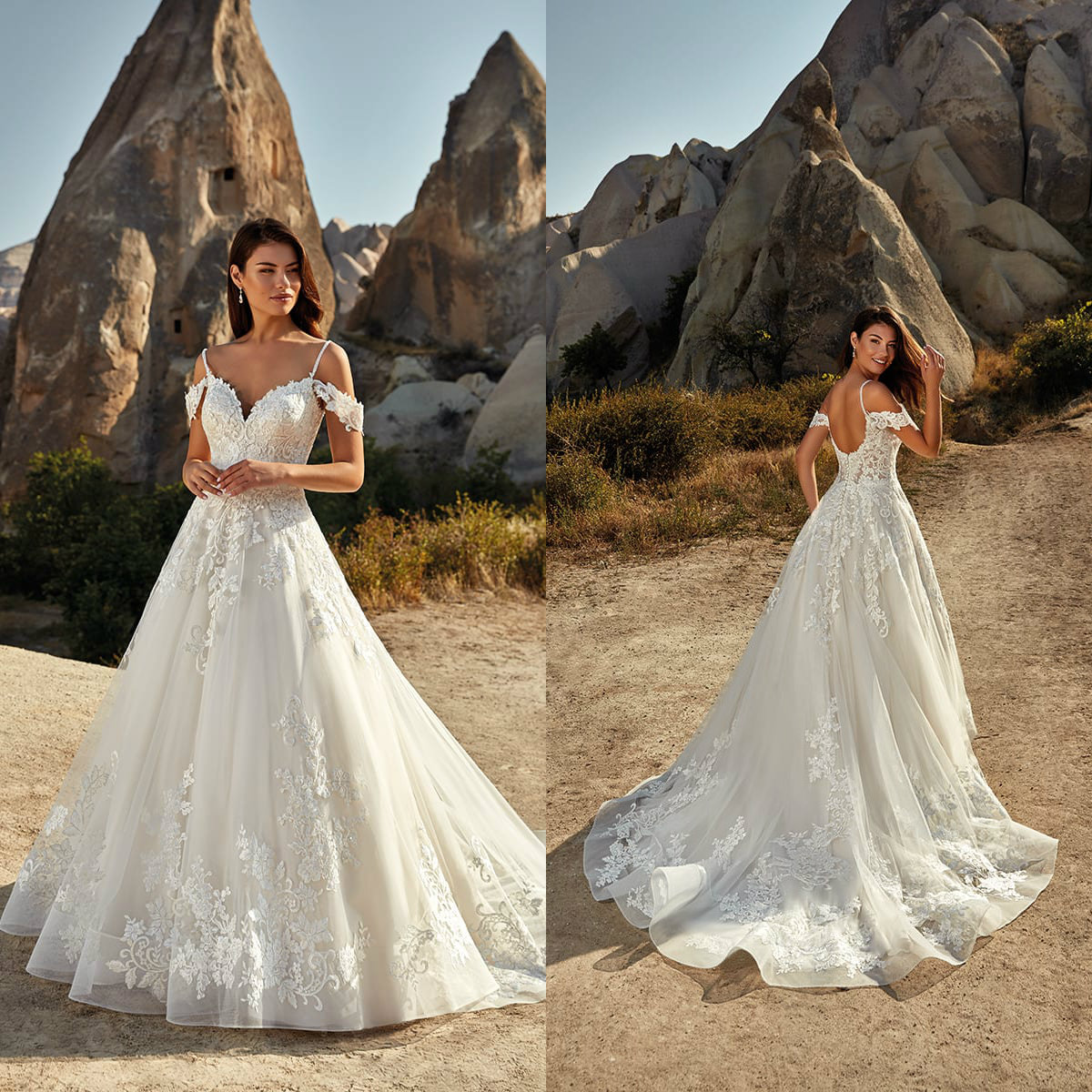 

Eddy K 2021 Wedding Dresses Spaghetti Straps Open Back A-Line Bridal Gowns Custom Made Lace Appliques Sweep Train Beach Wedding Dress, Silver