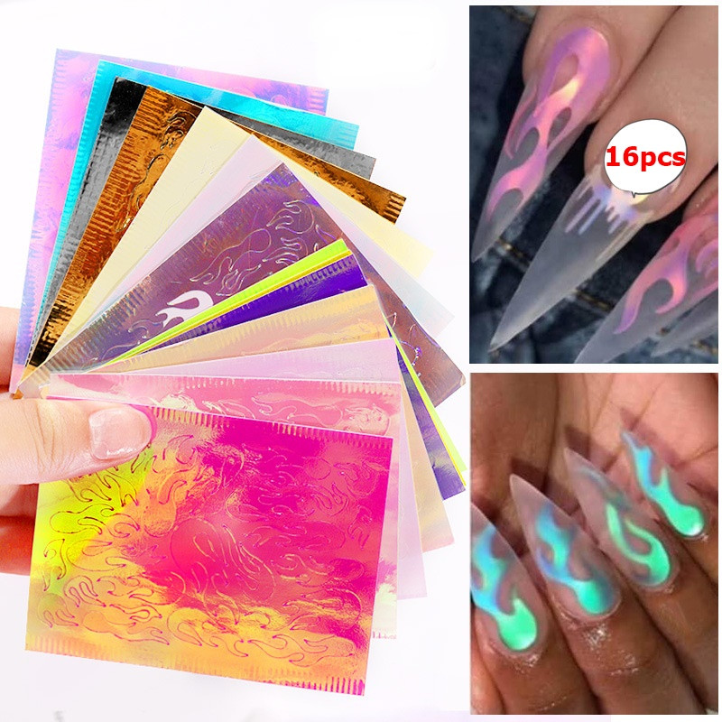 

Hot New 16 Sheets/Set Aurora Flame Nail Sticker Holographic Colorful Fire Reflections Nail Decal Self-Adhesive Foils DIY Nail Art Decoration, Mix color