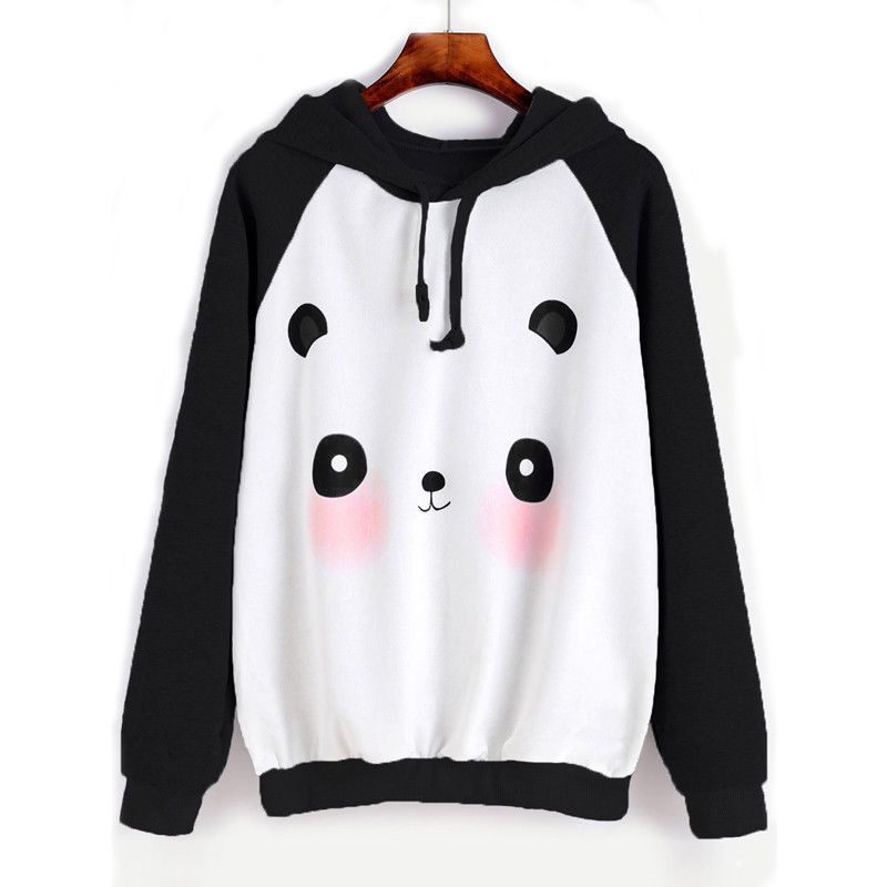 

Fashion Women Hoodies Cotton Autumn Winter Coat Long Sleeve Cute Panda Pattern Hoodies Casual Hooded Sweatshirt, Black