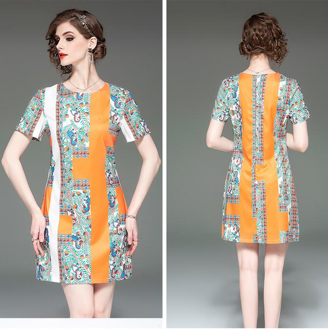

orange bird Flora printed mini dresses women dresses street style dresses summer crew neck A-line knee-length short sleeve, Multi