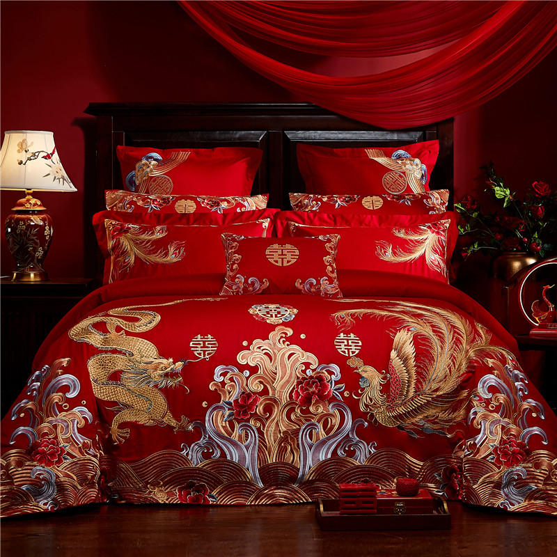 

100S Egyptian Cotton Red Chinese Wedding Bedding Set Dragon Phoenix Embroidery Duvet Cover Bed Sheet Bedspread Pillowcase