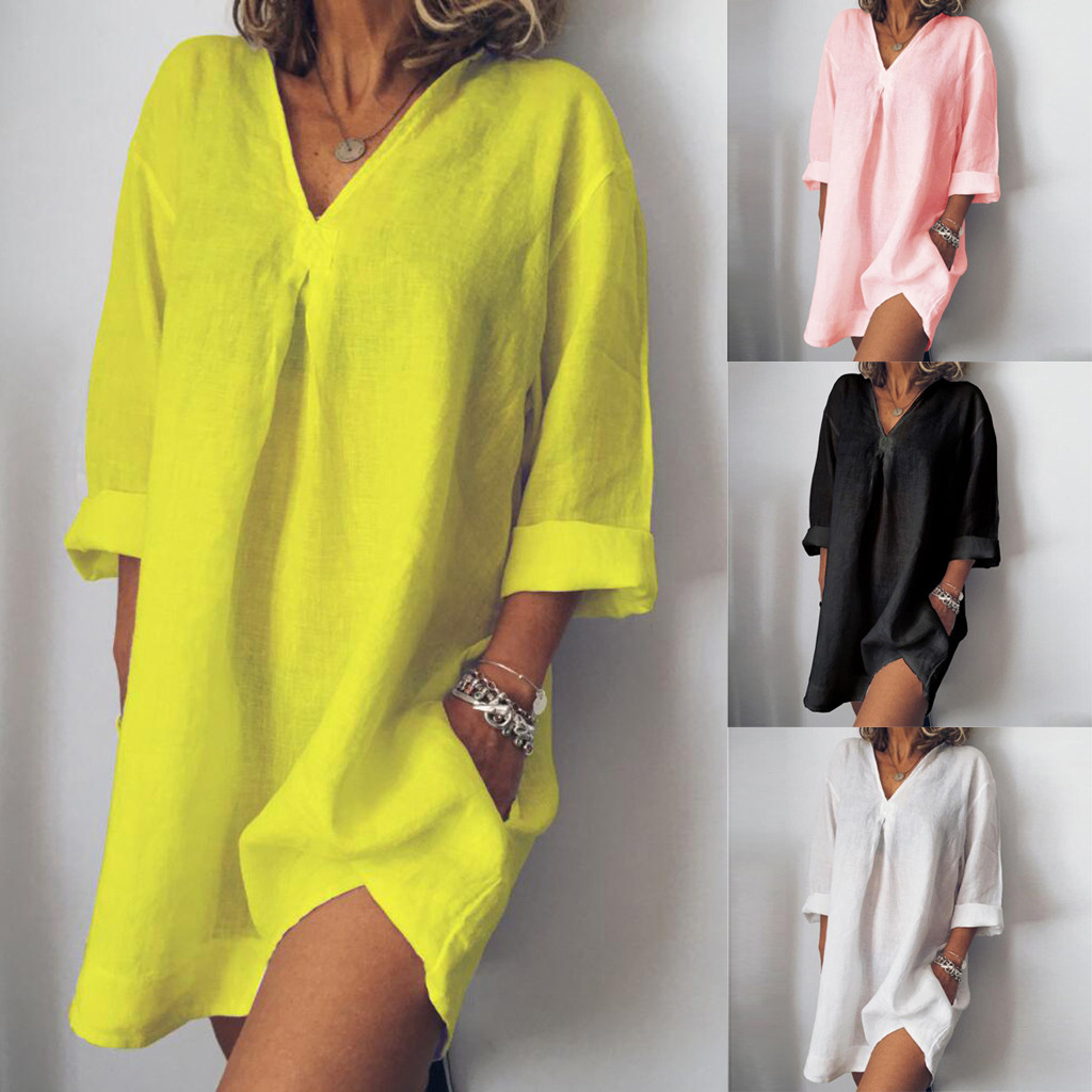 

Women Loose Dresses Casual Pure Color V Neck Long Sleeved Summer Womens Dress #30 MX190727, Pk