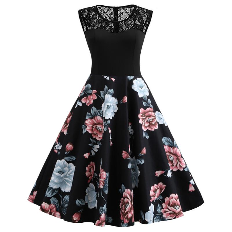 

Floral Summer Women Retro Dress Round Neck Sleeveless 60s Vintage Dress Lace High Waist Party Vestidos Rockabilly Tunic, Black