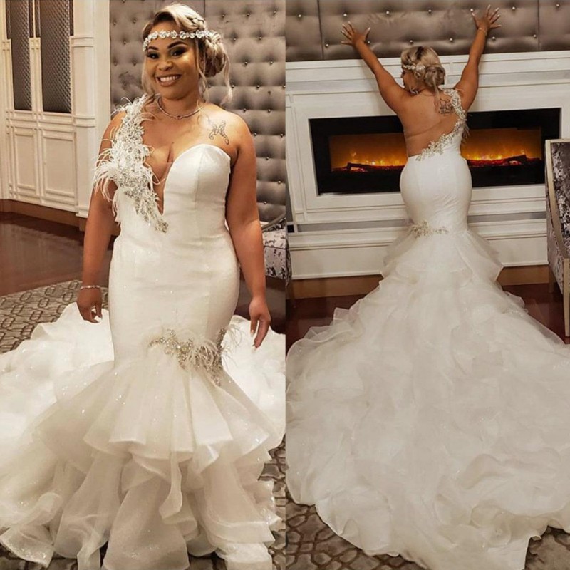 

Plus Size Mermaid Wedding Dresses With One Shoulder Lace Appliqued Feather South African Lace Backless Bridal Gowns, Silver