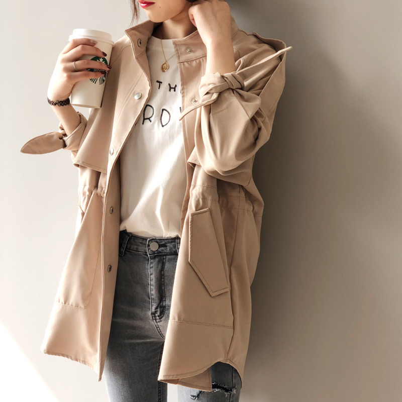 

2020 Spring New Tench Coat For Women Stand Collar Single Breasted Slim Casual Female Coats Solid Long Windbreaker Women Chaqueta, Beige