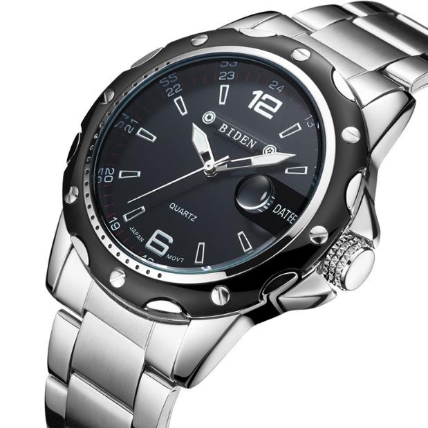 

Popular Japanese MIYOTA west tiecheng quartz watch steel band men's watch calendar fashion men's watch folding buckle, Black
