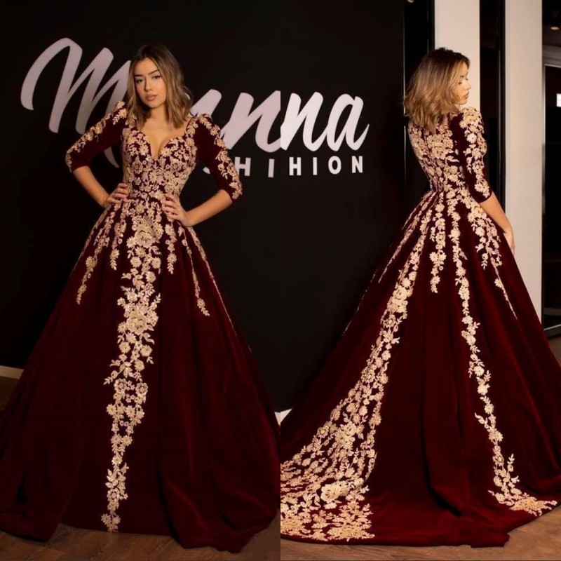 

Elegant Arabic Lace Evening Dresses 1/2 Long Sleeves V Neck Velvet Burgundy Vestidos Formal Party Prom Gowns robes de soirée, Grape