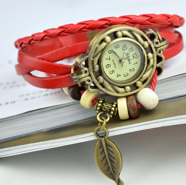 

Fashion Vintage Weave rope bracelet watch Platinum indian ethnic Leather Bracelets Timer leaf Tag charm Ladies wristwatch, Leave a message about color