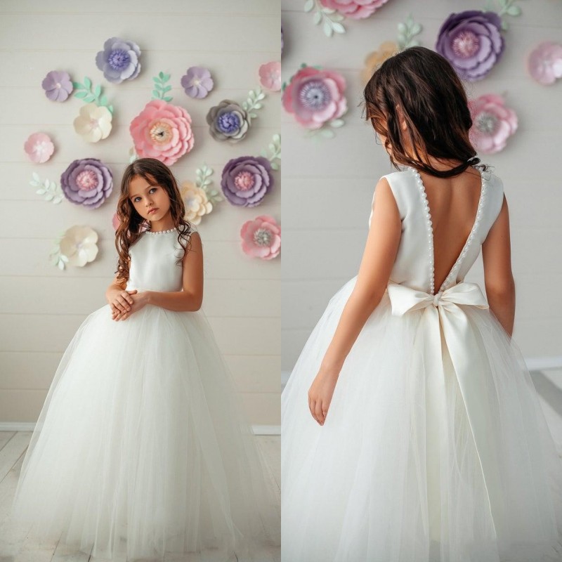 

2020 Boho Puffy Tulle Flower Girl Dresses V Cut Back Pearls Beaded Jewel Neck Kids Wedding Party Gown Pageant First Communion Birthday Dress, Ivory