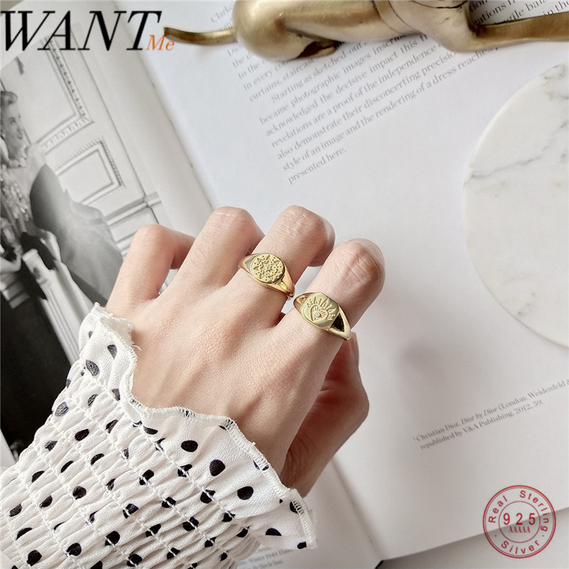 

Cluster Rings WANTME Genuine 925 Sterling Silver Retro Pattern Gold Finger Ring For Women Punk Hip-hop Party Fine Jewelry Accessories Gift