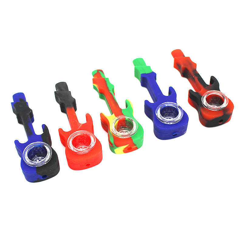 

Guitar Shape Silicone Smoking Pipes Oil Burner Dab Pipes Tobacco with Glass Bowl Multicolor Silicon Pipe