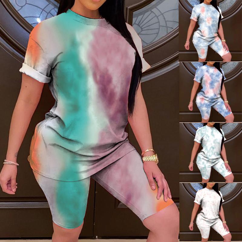 

tie dye yoga set Women Loose tie dye set clothes Print Short Sleeves Shorts 2 Piece Sports Suit Sets #D, Blue