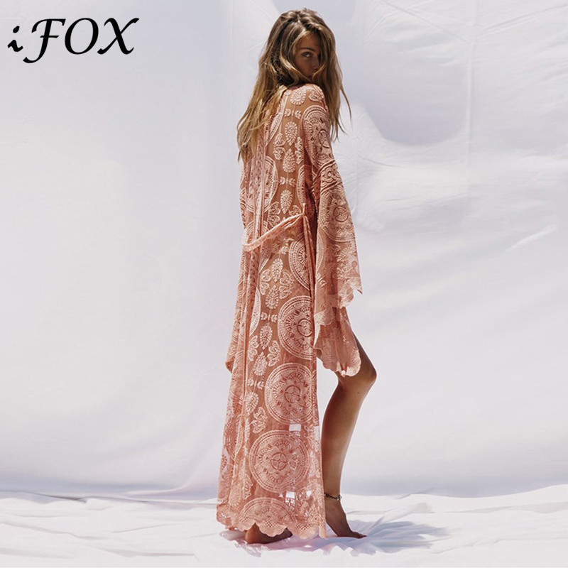 

Vintage Kimono Lace Cardigan Women Dress Flare Sleeve Floral See Through Loose Blouse Bohemian Maxi Long Beach Shirt Plus Size, Pink
