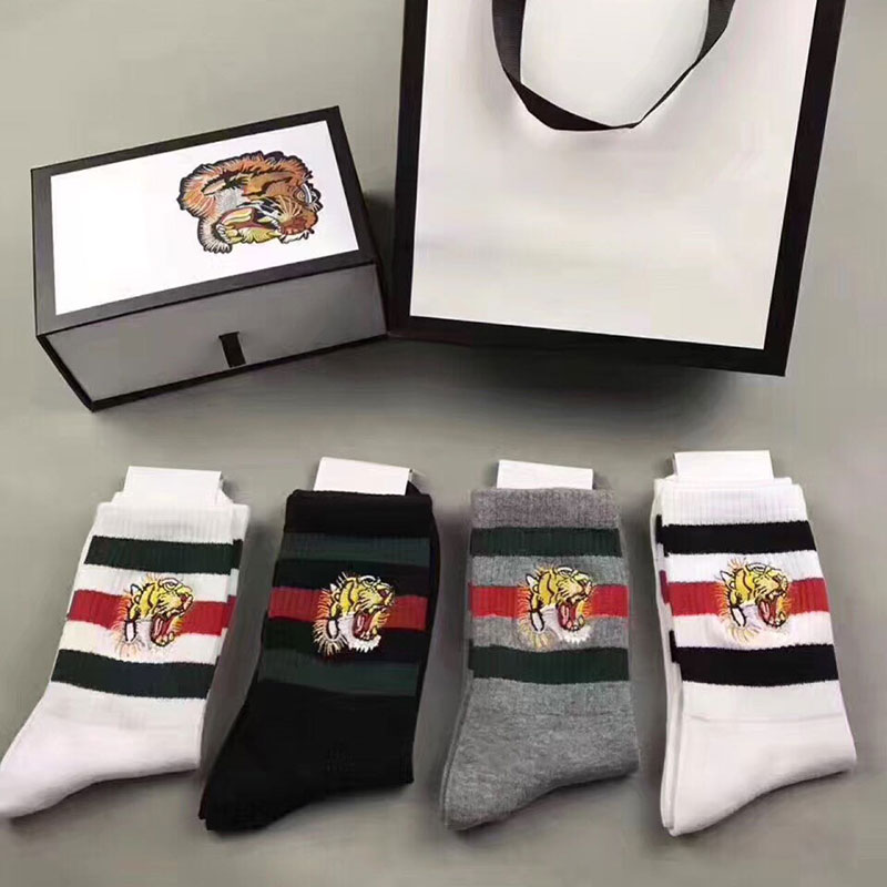 

Top quality 4 color four pairs in box ace Embroidery tiger head designer Sock Antibacterial Cotton Unisex luxury shoes Sport Socks, White;pink