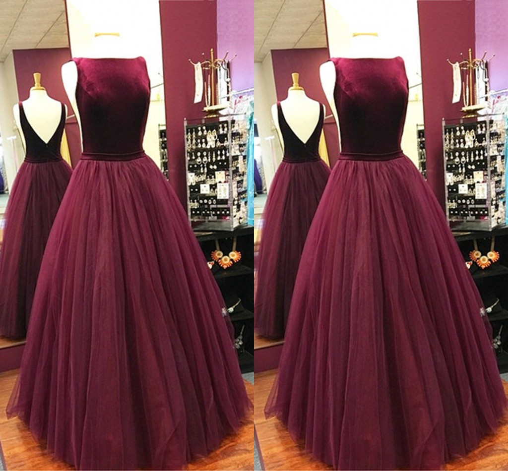 

Burgundy Velvet Tulle Evening Party Dresses A line Bateau Neck V Backless Ruched Long Prom Formal Homecoming Dress New, Light yellow