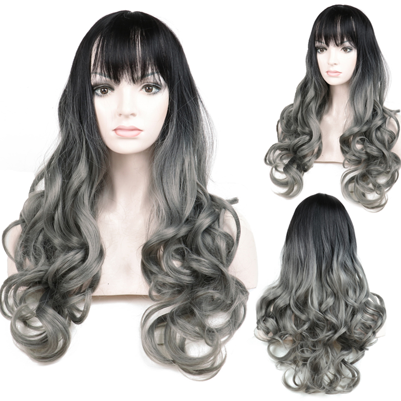 

SHUOHAN 70cm Synthetic Wavy Wig For Women Ombre Black Gray Heat Resistant High Temperature Fiber Long Cosplay SX299, As pic