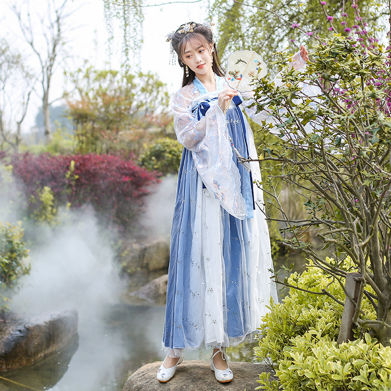 

2020 Chinese Hanfu Dress Women Traditional Ancient Dynasty Hanfu Student Cosplay Dress Modern Festival Folk Dance Clothing 763, Blue tops skirts