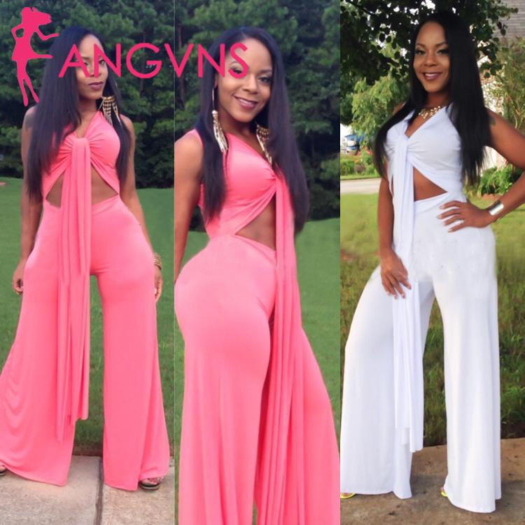 

Women Sexy Summer Jumpsuits V-Neck Sleeveless Wide Leg Solid High Waist Long Jumpsuit Female Casual Rompers, Pink
