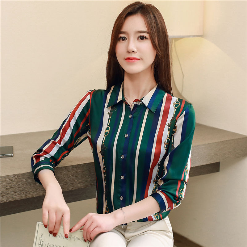 

2020 Women's Striped Designer Shirts Plus Size Long Sleeve Lapel Neck Printed Ladies Silk Satin Blouse Runway Slim Office Button Shirt Tops, White