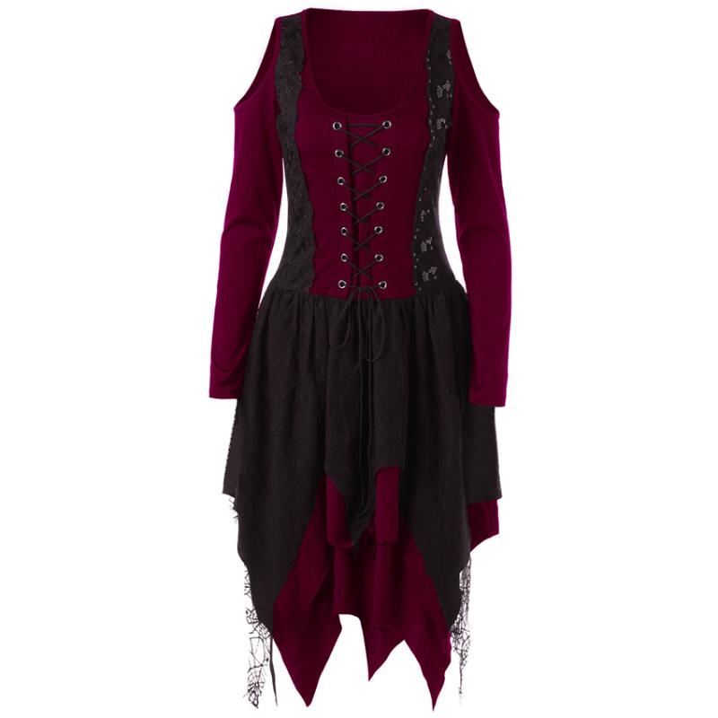 

Woman Vintage Gothic Bandage Dress Medieval Renaissance Evening Party Vestido Lace Off Shoulder Irregular Halloween Costumes, Black