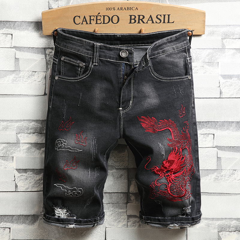 

Men Short Denim Pants Ripped Embroidery Knee Length Middle Waist Causual Fashional Bleached Distressed Shorts Straight, J-2021