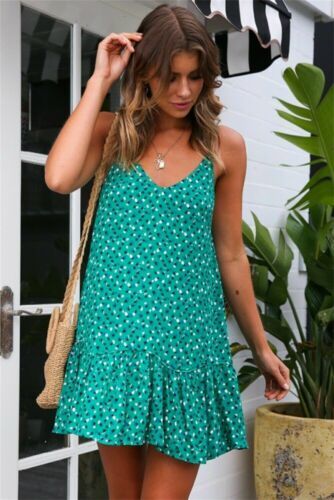 

Women Holiday Loose Floral Boho Polka Dot Sleeveless Sling Sundress Ladies Beach Mini Swing Sun Dress Tops