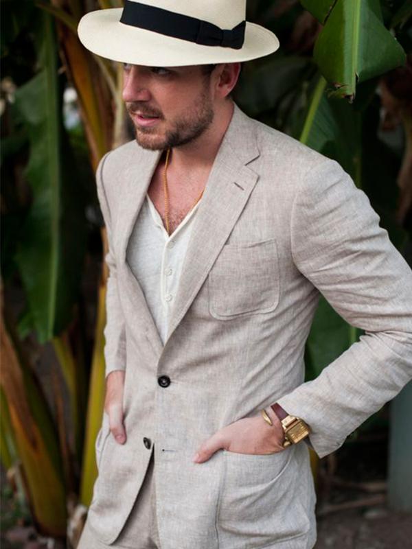 

ANNIEBRITNEY Beige 2 Piece Men Slim Fit Linen Summer Suit 2020 Summer Beach Groom Wedding Tuxedo Tailor Made Casual Men Suit