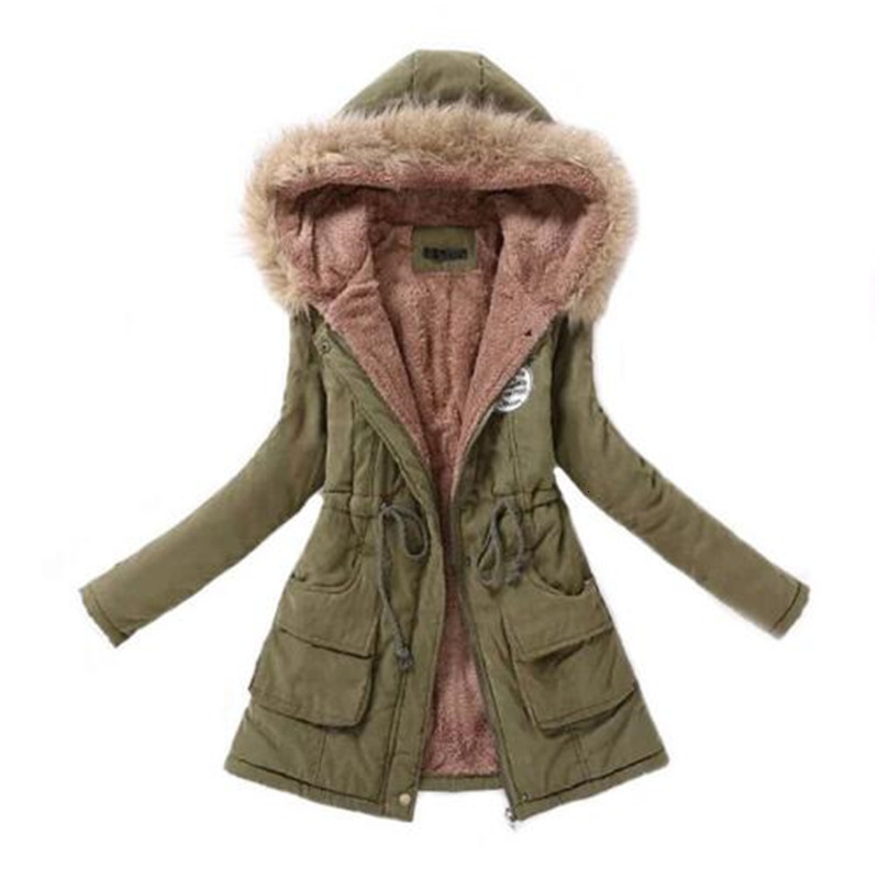 

Winter Warm Jackets Women Parka Fashion Faux Fur Hooded Kraag Casual Long Parka Down Katoen Veteran Laidies Overjas, Army green