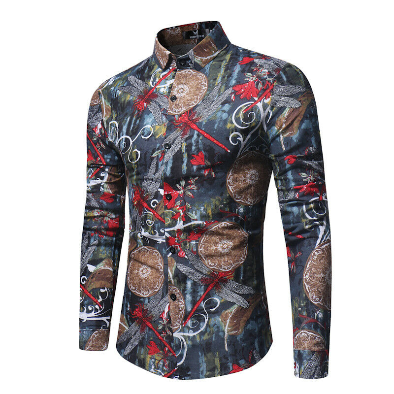 

Men's Vintage Flower Printed Shirts Male Luxury Long Sleeve Tops Tee Slim Fit Casual Blouse Shirts Clothes Outfit