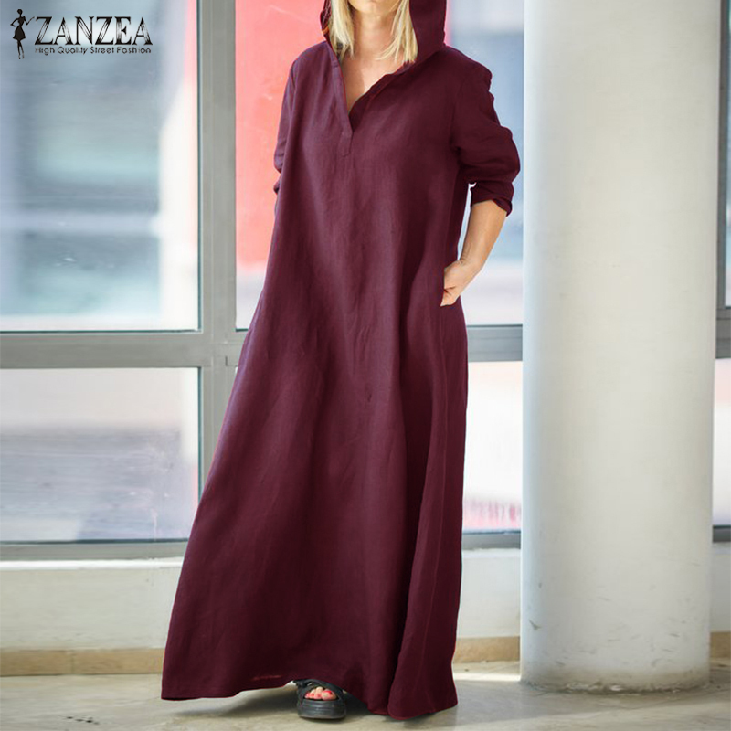 ZANZEA Damen Langarm Freizeit Kleid Maxikleid Gestreift Kragen Langer Hemdkleid