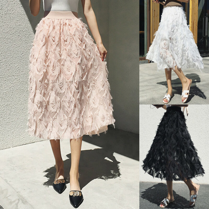 

New Womens Ladies Elastic High Waist Mesh Tulle Tutu Skirt Feather tassels Skirts, Black