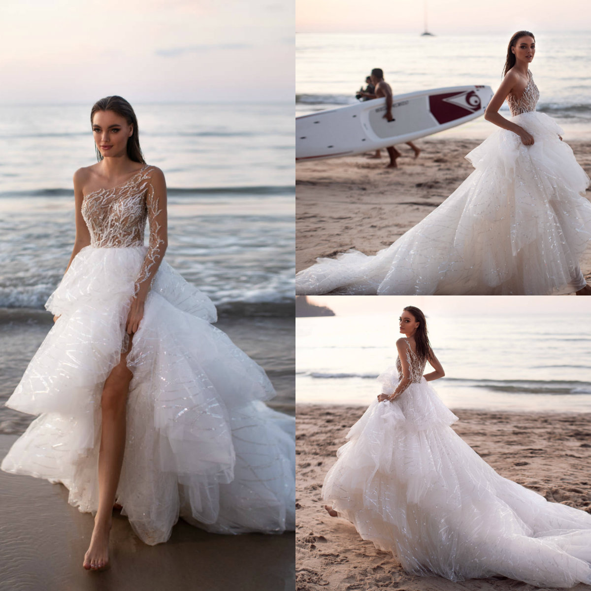 

2020 Milla Nova Wedding Dresses Lace Applique Sequined One Shoulder A Line Boho Bridal Dress Custom Made Tiered Summer Beach Wedding Gowns, Grape