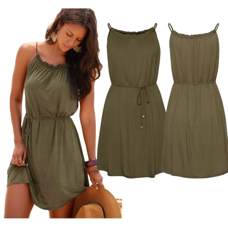 

Green Spaghetti Strap Beach Style Dresses Summer Women 2020 Solid Slash Neck Sleeveless Sashes A-line Short Casual Dress 0911