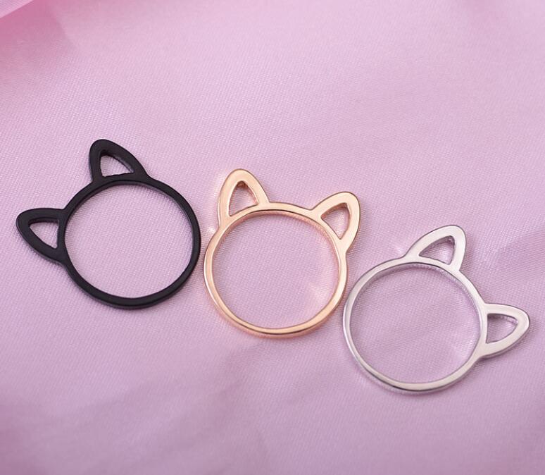 

Womens 925 Silver Rings Simple Cute Cat Ear Design Finger Ring Black Gold Plated Cat Jewelry Gift wholesale Free ship
