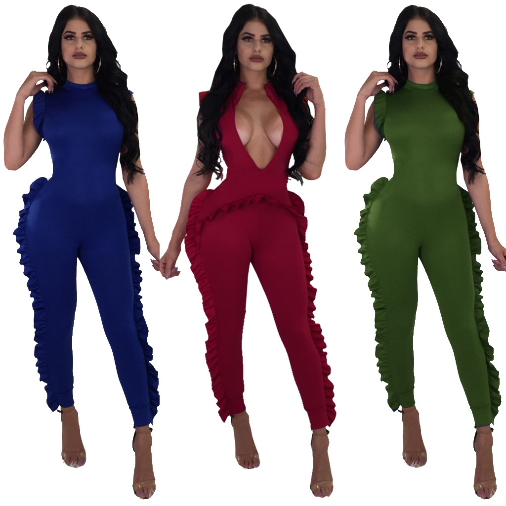 

Wholesale designer women clothes 2019 fashion ruffled hem bodycon jumpsuits sexy deep v neck skinny full length jumpsuit romper playsuit, Green