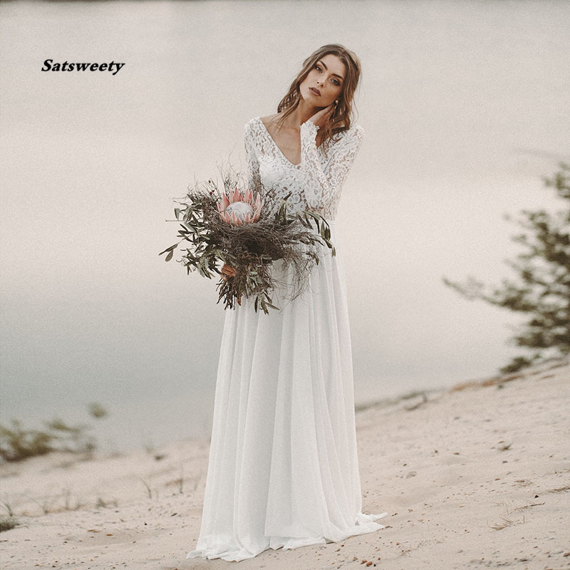 

Beach Wedding Dress Long Sleeve Boho V Neck Open Back bridal Chiffon Princess Lace novia, Light sky blue
