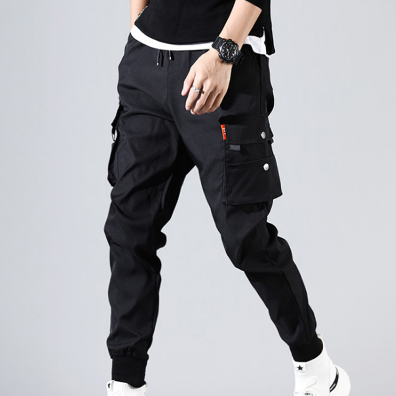 

High Quality Mens Hip Hop Safari Style Pants Drawstring Waist Pocket Loose Pencil Pants Casual Button Harem Sweatpants Trousers, Black