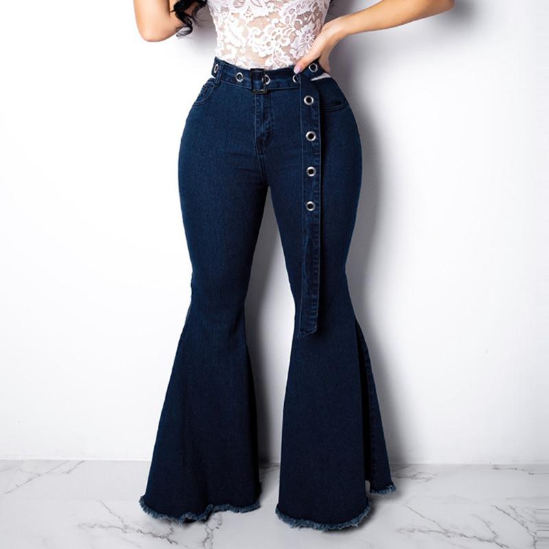 

Jeans For Women Female Belt High-waisted Jeans Tassel Slim Elastic Cotton Bell-bottom Washed Denim Wide Leg Pants#G30, Blue