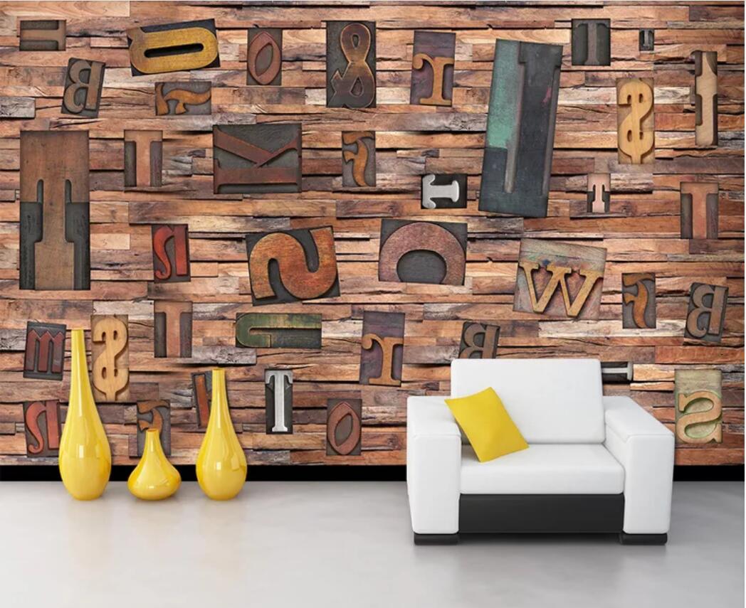

3d room wallpaper custom photo mural Vintage wood grain woodcut English 3D letter combination American style wall wallpaper for walls 3 d, Non-woven fabric
