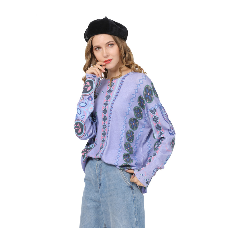 

New Retro Printed Sweater Women Pullover Long Sleeve Purple Romantic Flowers Print Pullovers Oversized Tops Pull Femme D6331
