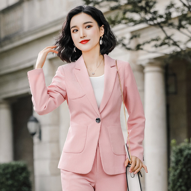 

Autumn Winter 2 Piece Set Women Corduroy Pant Suits Slim Work Wear Office Ladies Long Sleeve Blazer and Pants Outfits Pink Green
