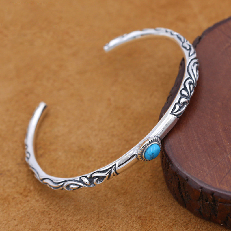

Other Bracelets S925 Sterling Silver Jewelry Retro Thai Simple Thin Ring Grass Inlaid Turquoise Men And Women Opening Bracelet