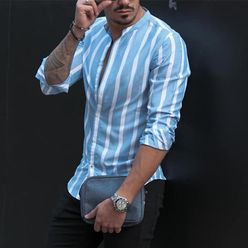 

2020 Men's Fashion Striped Printed Shirt Male Long-sleeved Shirt Spring Autumn Summer Casual Stand Collar Men Clothing Camisas, Blue